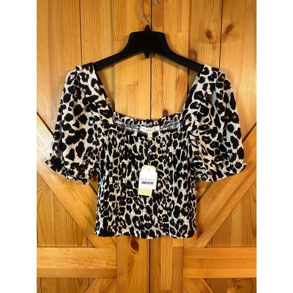Monteau Linen Blend Cropped Top Puff Sleeve Leopard Print NWT Size XL (5399) - Picture 1 of 5